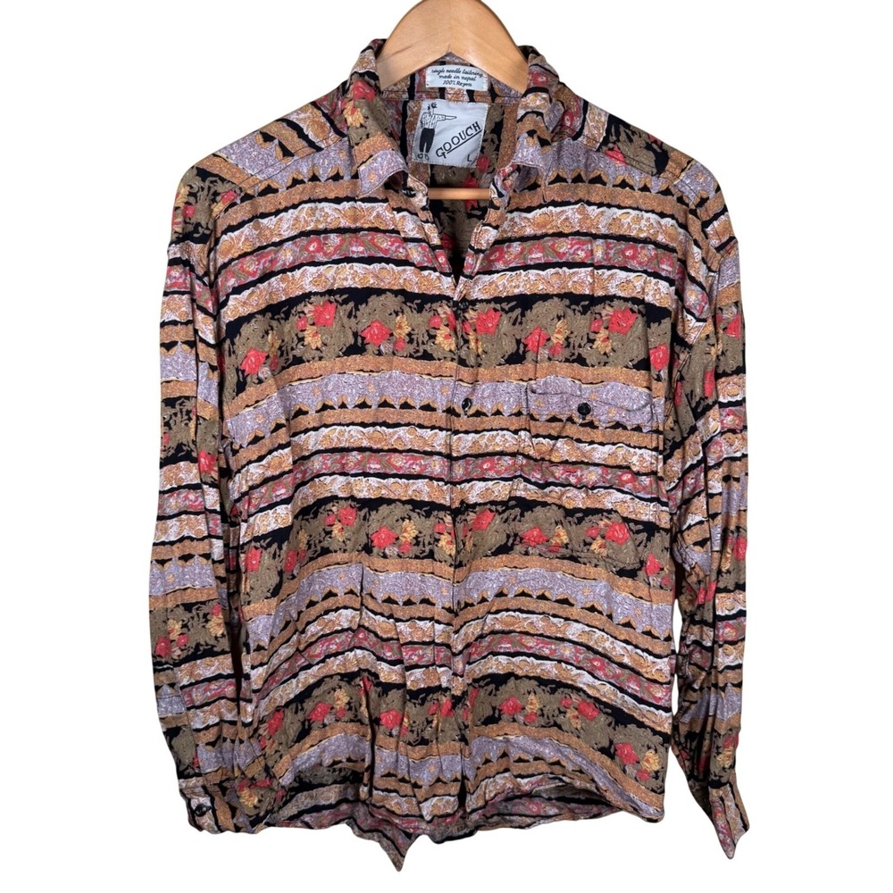 Goouch Button Down Shirt Mens Large Multicolor Vintage 90s Rayon Abstract Floral